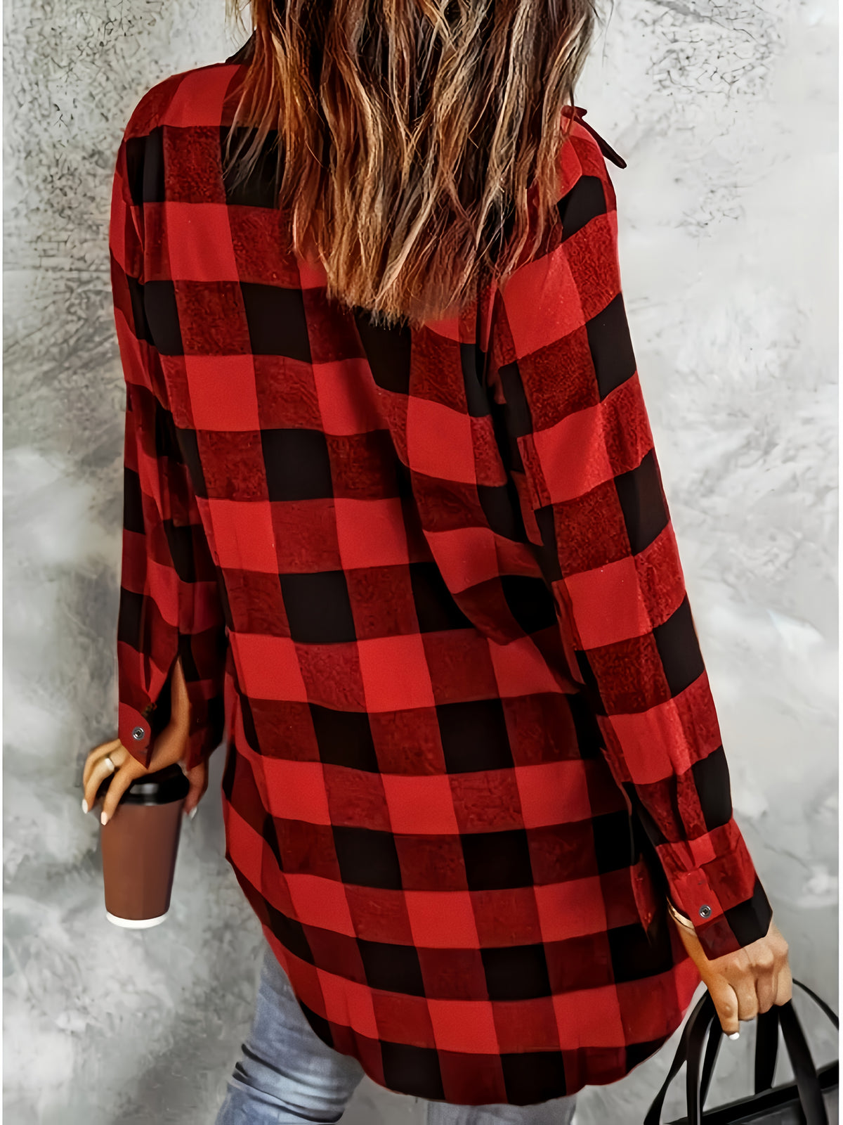 Women's Elegant Collar Button- Shirt - Loose Fit Long Button-Front Plaid Blouse Suitable for Daily Wear, Travel & Office - Machine Washable Classic Shirt - Red And Black Plaid