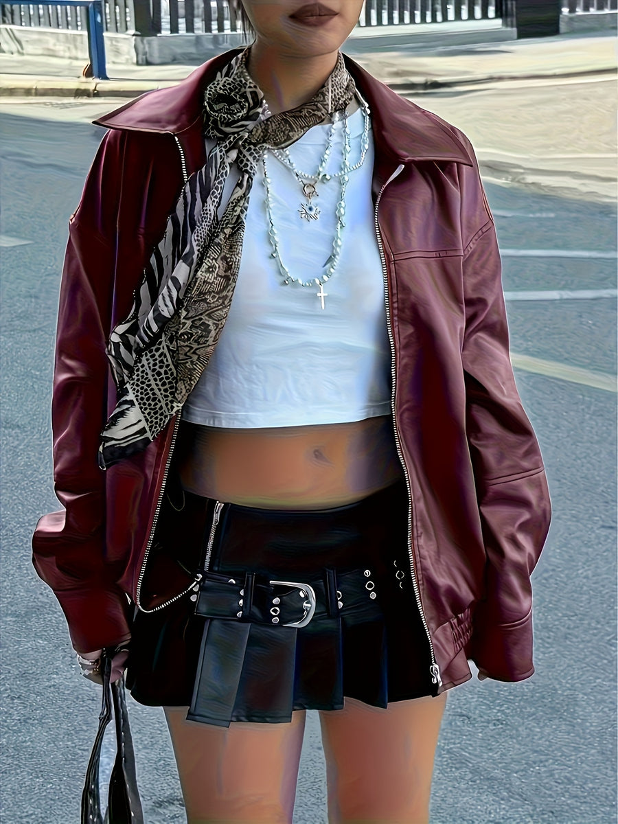 Women'S Avant-Garde Casual Lapel Loose Long-Sleeve Faux Leather Jacket - Burgundy