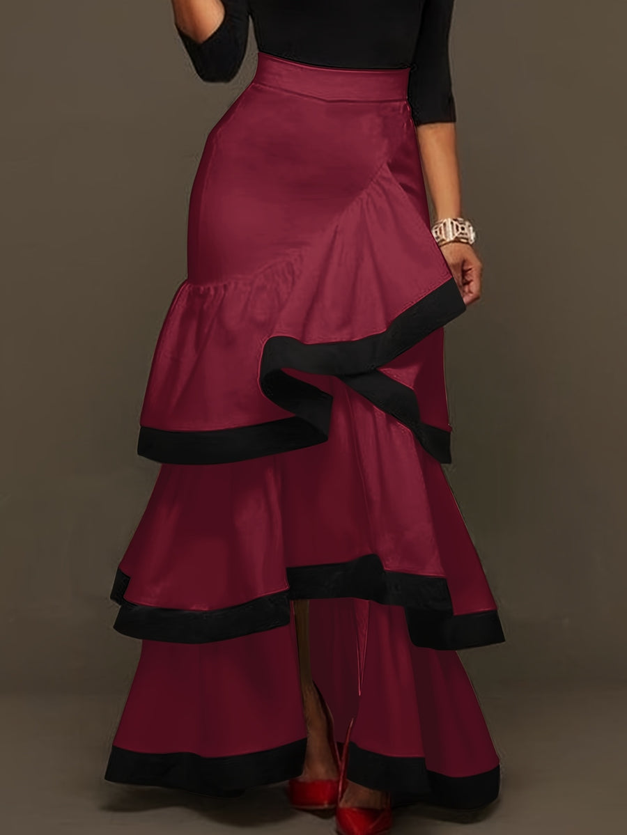 Autumn Versatile Color-Block Elegant Party Gathering Ruffle Hem Women's Skirt - Burgundy