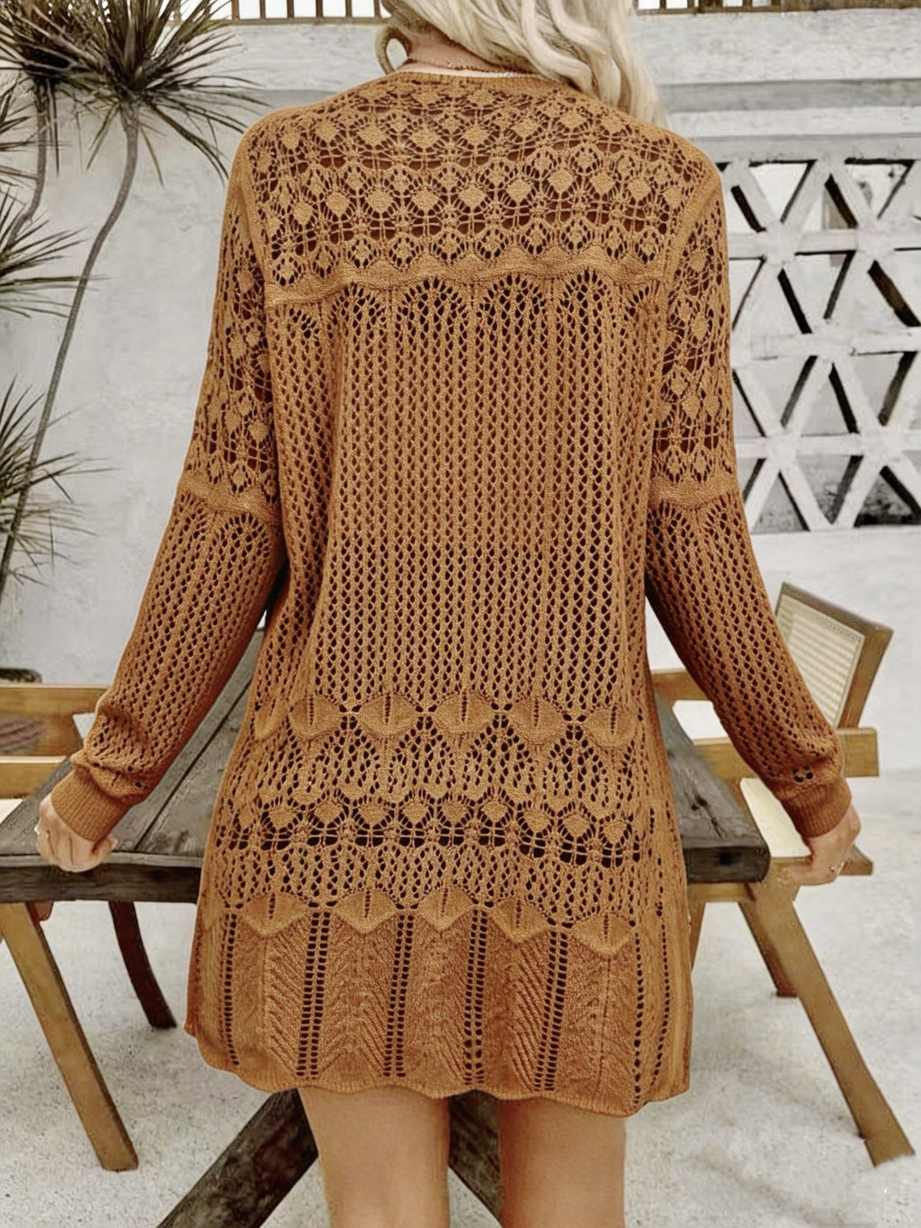 Women'S Elegant Long Sleeve Lace Open Cardigan, Suitable for Vacation, Beach - Chocolate