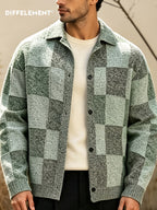 DIFFELEMENT Men'S Casual Cardigan Sweater All-Match Knit Fabric Checkered Lapel Single-Button Knit Cardigan Jacket Anti-Pilling Breathable Ribbed Cuffs Loose Fit Lightweight Windproof Wrinkle-Resistant Suitable for Daily Casual Wear And Outdoor Hiki - Gray Green