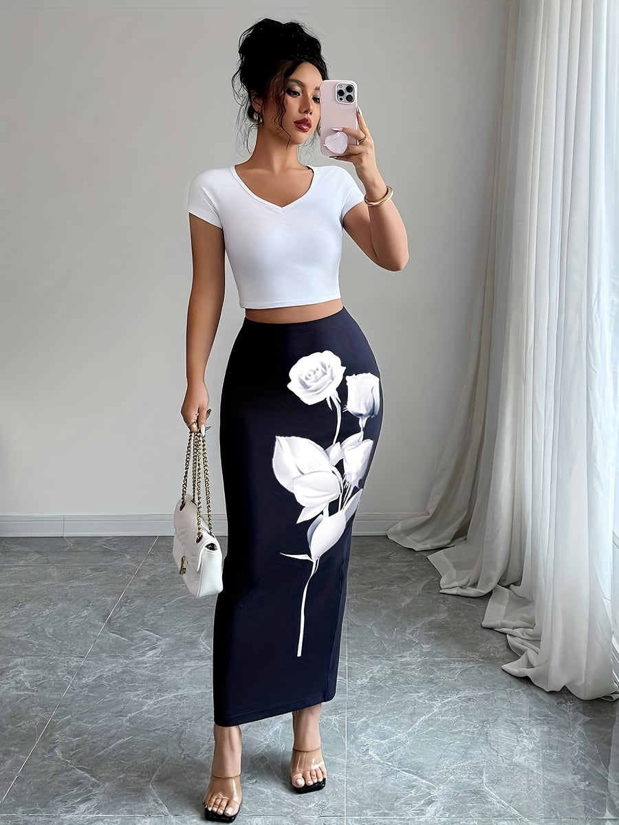Women Sexy High Waist Floral Print Bodycon Maxi Skirt Casual Party Vacation Skirt And Niannian Selection - Black