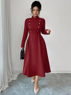 Women's Spring and Autumn Elegant Commuter Fashion Double-Breasted Decorative Long Sleeve Waist-Cinching Long Dress - Burgundy