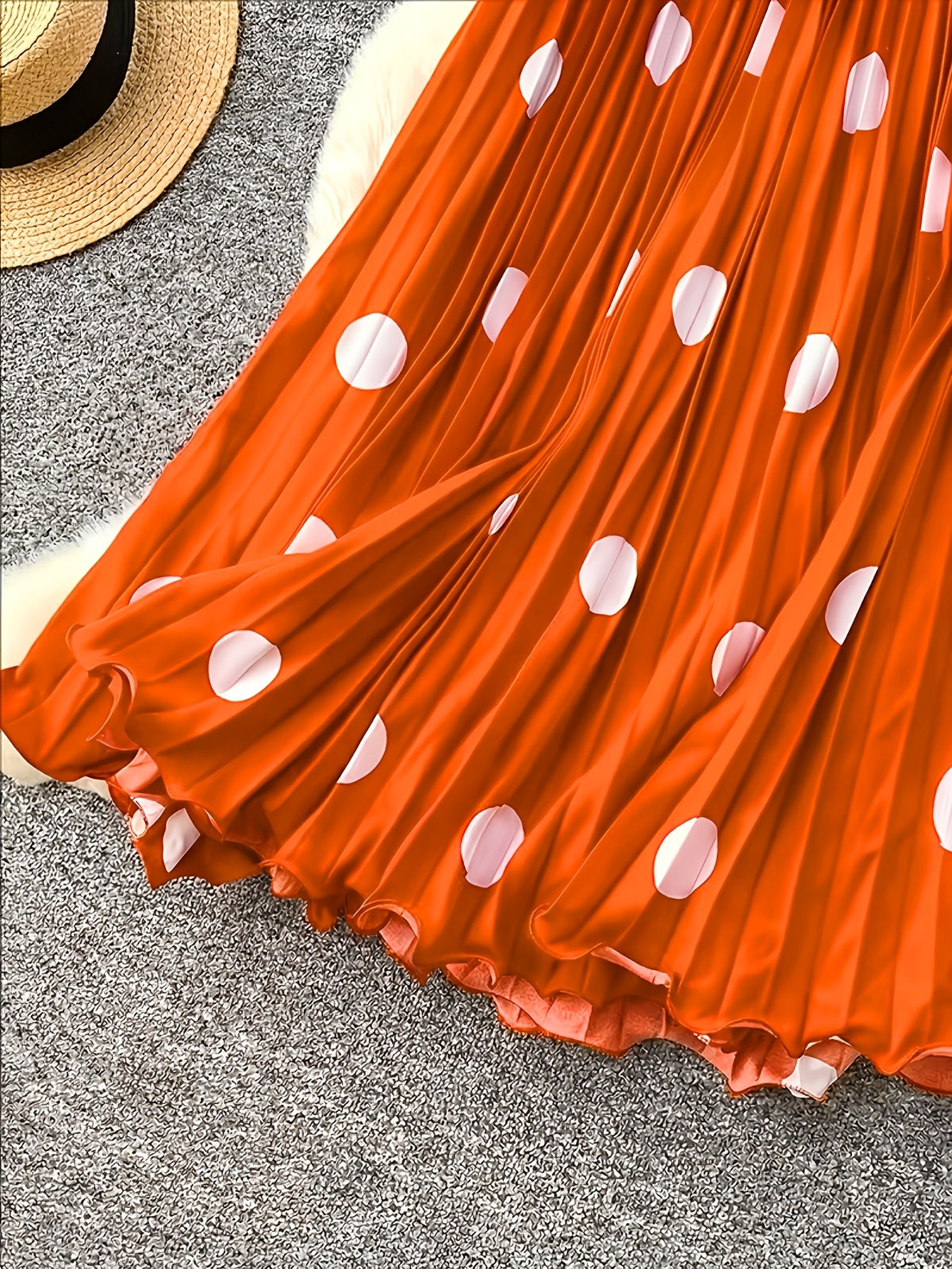 Women'S Elegant Pleated Long Skirt, Fashionable Versatile Polka Dot Half Skirt - Orange