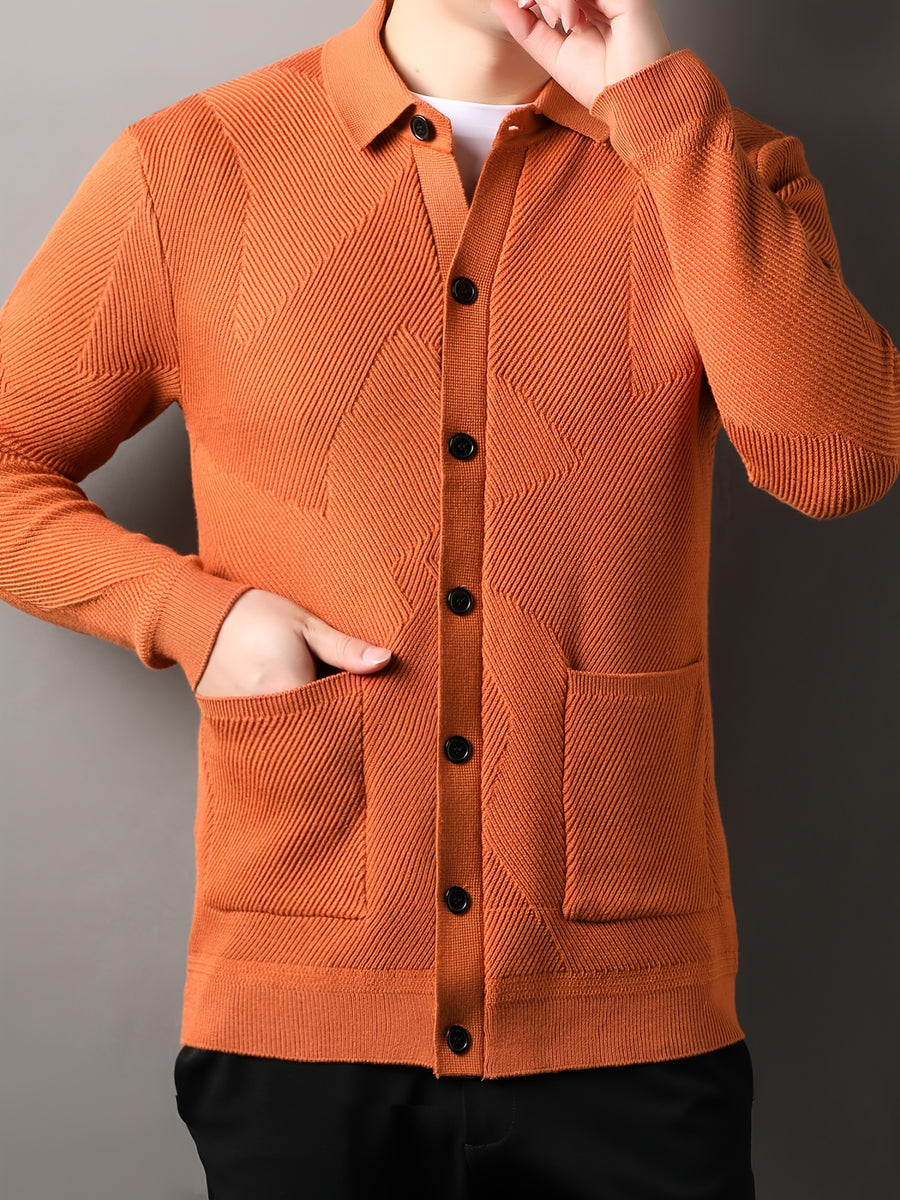 Du Jing Lan OBM Spring/Summer New Arrival Men's Knitted Cardigan, Old Money Style Solid Color Lapel Long Sleeve Open Front Knit Cardigan, Men's Business Casual Fashion Single-Breasted Ribbed Sweater Jacket with Side Pockets, Suitable for Layering - Orange-Red