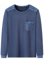 Men'S Distressed Waffle Long Sleeve Round Neck Top, Shoulder Patchwork And Pocket Design, Retro Casual Style - Navy Color