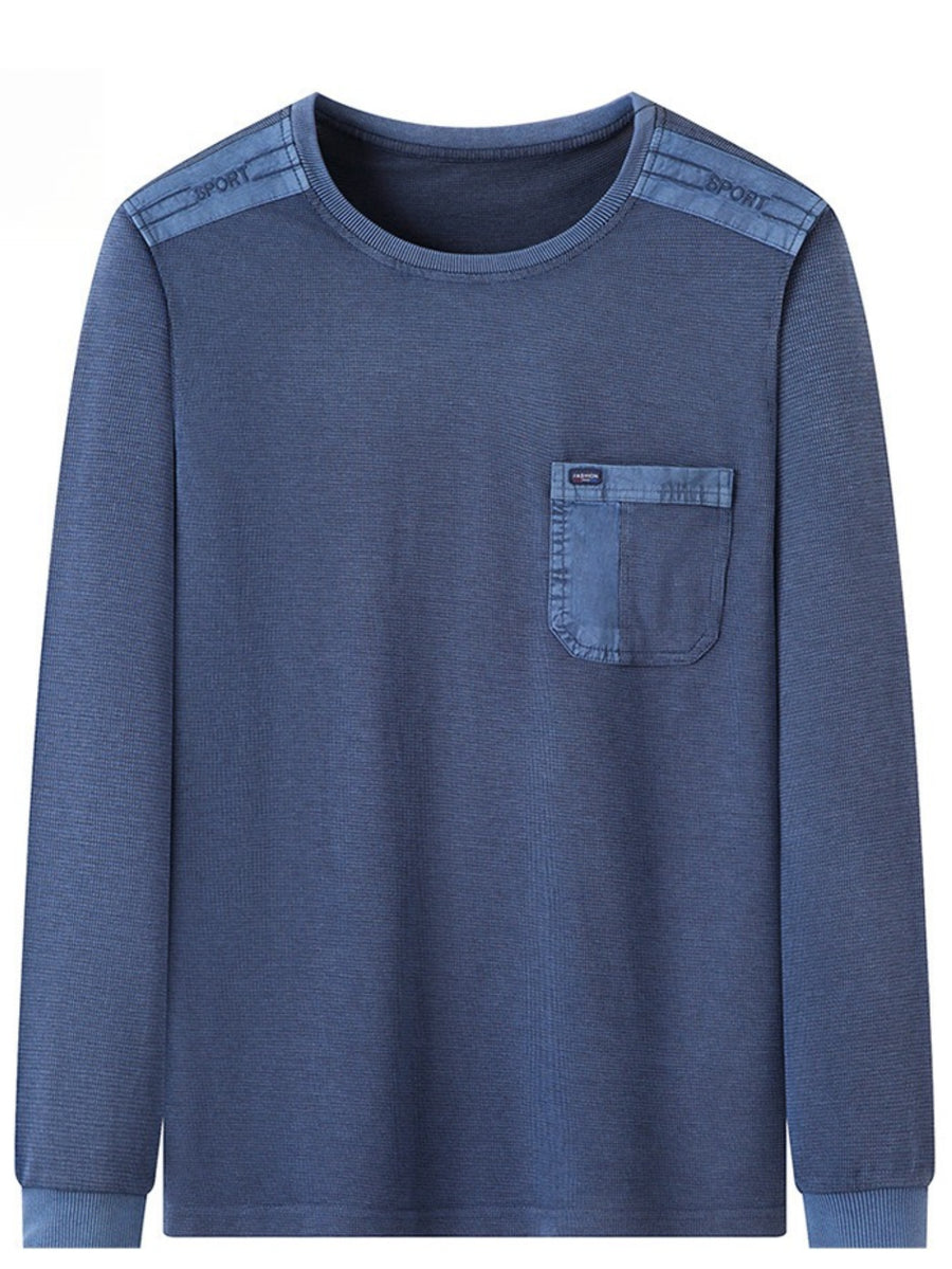 Men'S Distressed Waffle Long Sleeve Round Neck Top, Shoulder Patchwork And Pocket Design, Retro Casual Style - Navy Color