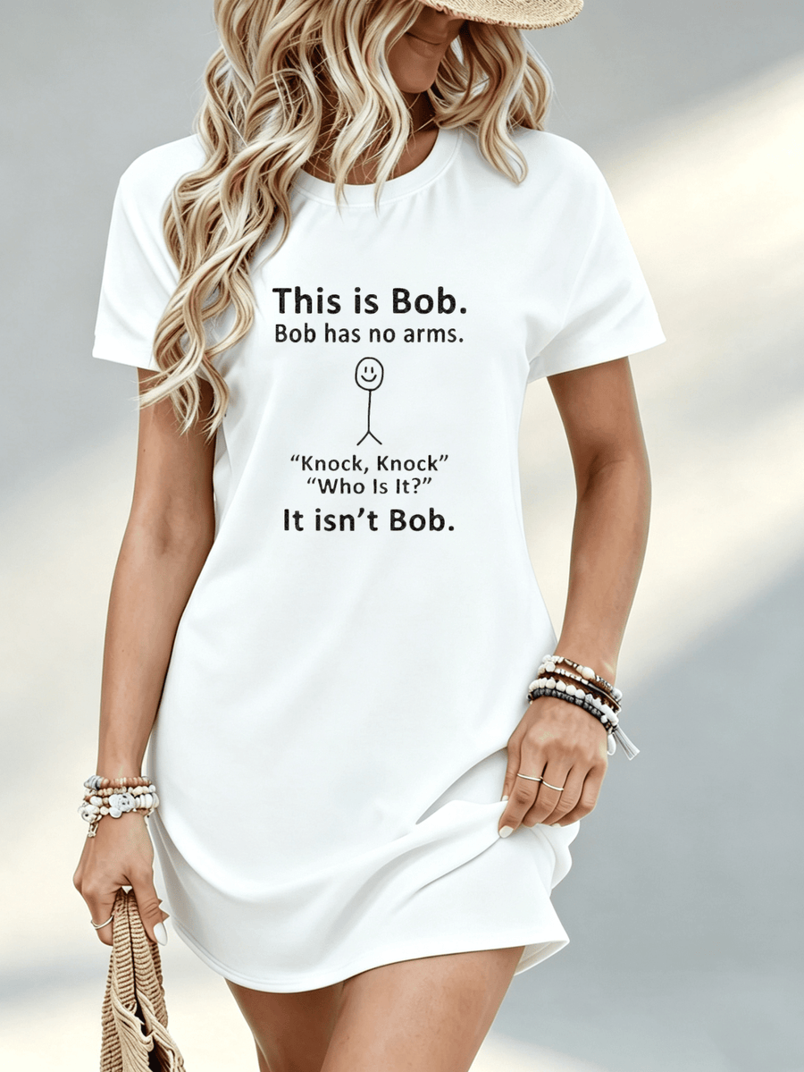 [Printed Design - Not Textured] Casual Women Dress Bob Sleeveless Funny Text Graphic Summer Beach Vacation Gift for Friend 100% - White