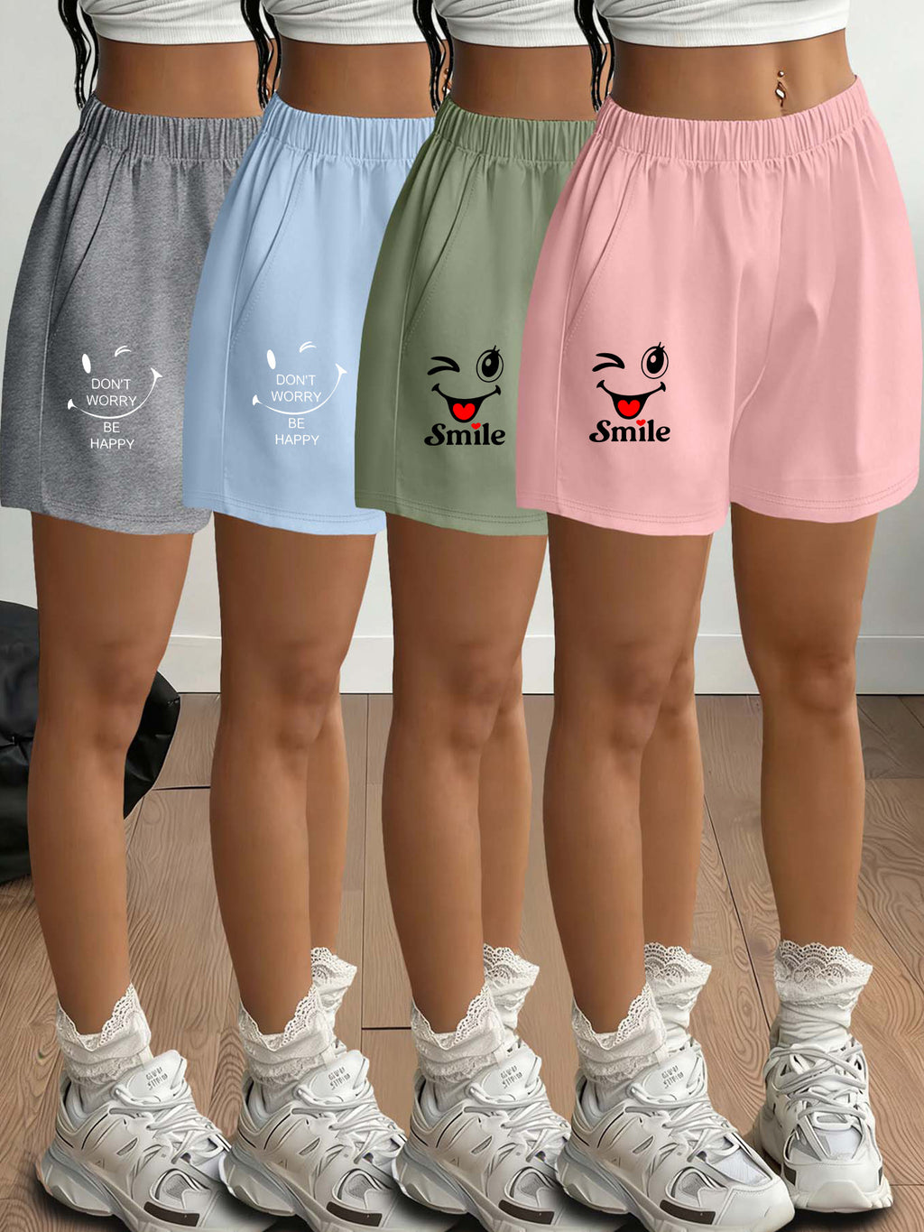 2026 Spring/Summer New Arrival Women's Fashionable and Simple "DON'T WORRY BE HAPPY & Smile" Letter and Smiling Face Print Leg-Length Enhancing Casual Loungewear Light Y  Streetwear Commuting Elastic Waist Side Pocket Shorts 4pcs Set - Light Gray + Blue + Light Green + Pink