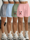 2026 Spring/Summer New Arrival Women's Fashionable and Simple "DON'T WORRY BE HAPPY & Smile" Letter and Smiling Face Print Leg-Length Enhancing Casual Loungewear Light Y  Streetwear Commuting Elastic Waist Side Pocket Shorts 4pcs Set - Light Gray + Blue + Light Green + Pink