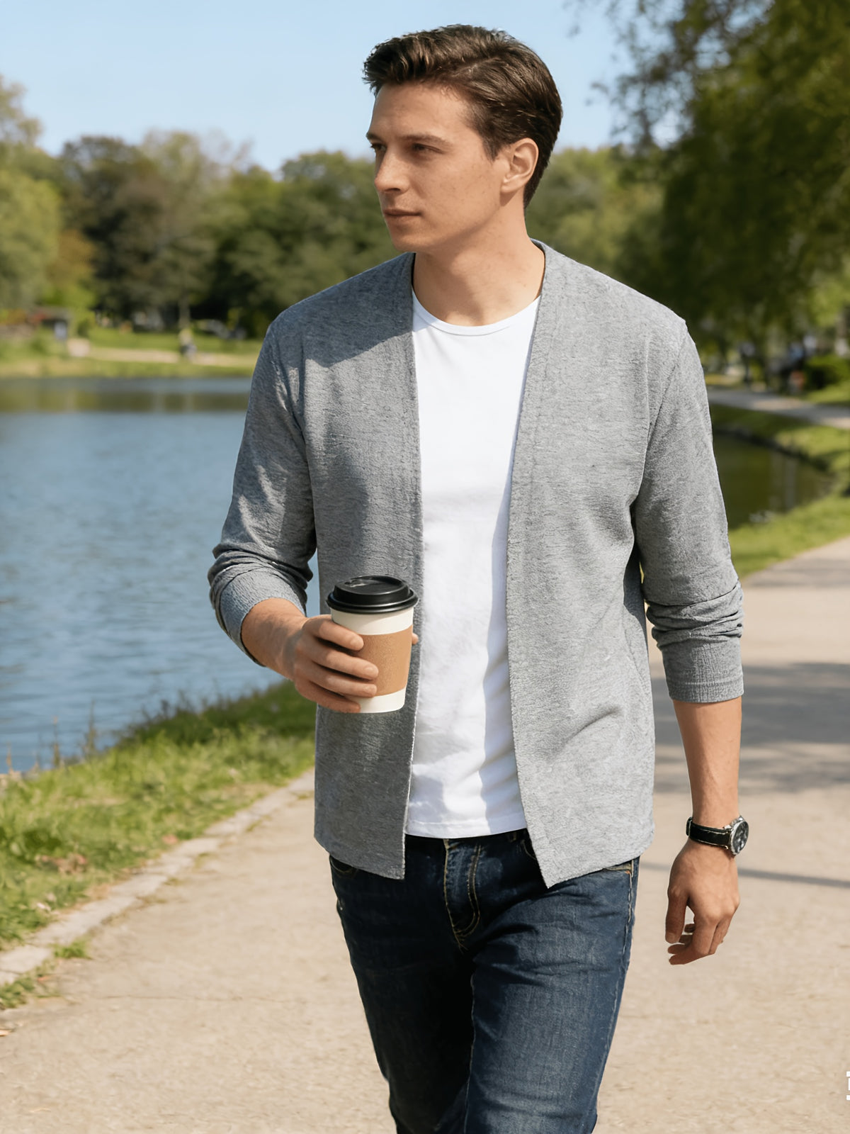 Popular Men's Waffle Knit V-Neck Cardigan, Spring/Autumn Business Casual Buttonless Outerwear, Breathable and Comfortable Knit Sweater, Slimming and Elegant Men's Outerwear, Solid Color Simple and Versatile Top, Soft, Skin-Friendly - Light Grey