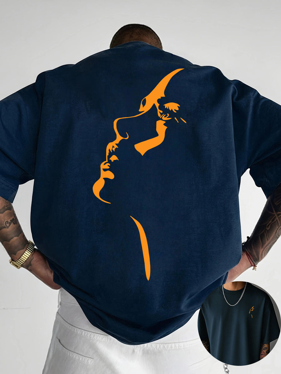 Creative Front and Back Print Round Neck T-Shirt, Pure Cotton Summer Fashion Short Sleeve Top for Casual Daily Style Essential Outing Gift Choice - Navy Color
