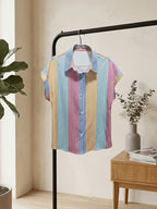 Summer Elegant Women'S Striped Short Sleeve Shirt, Casual Commuter Style Vacation Blouse - Mixed colors