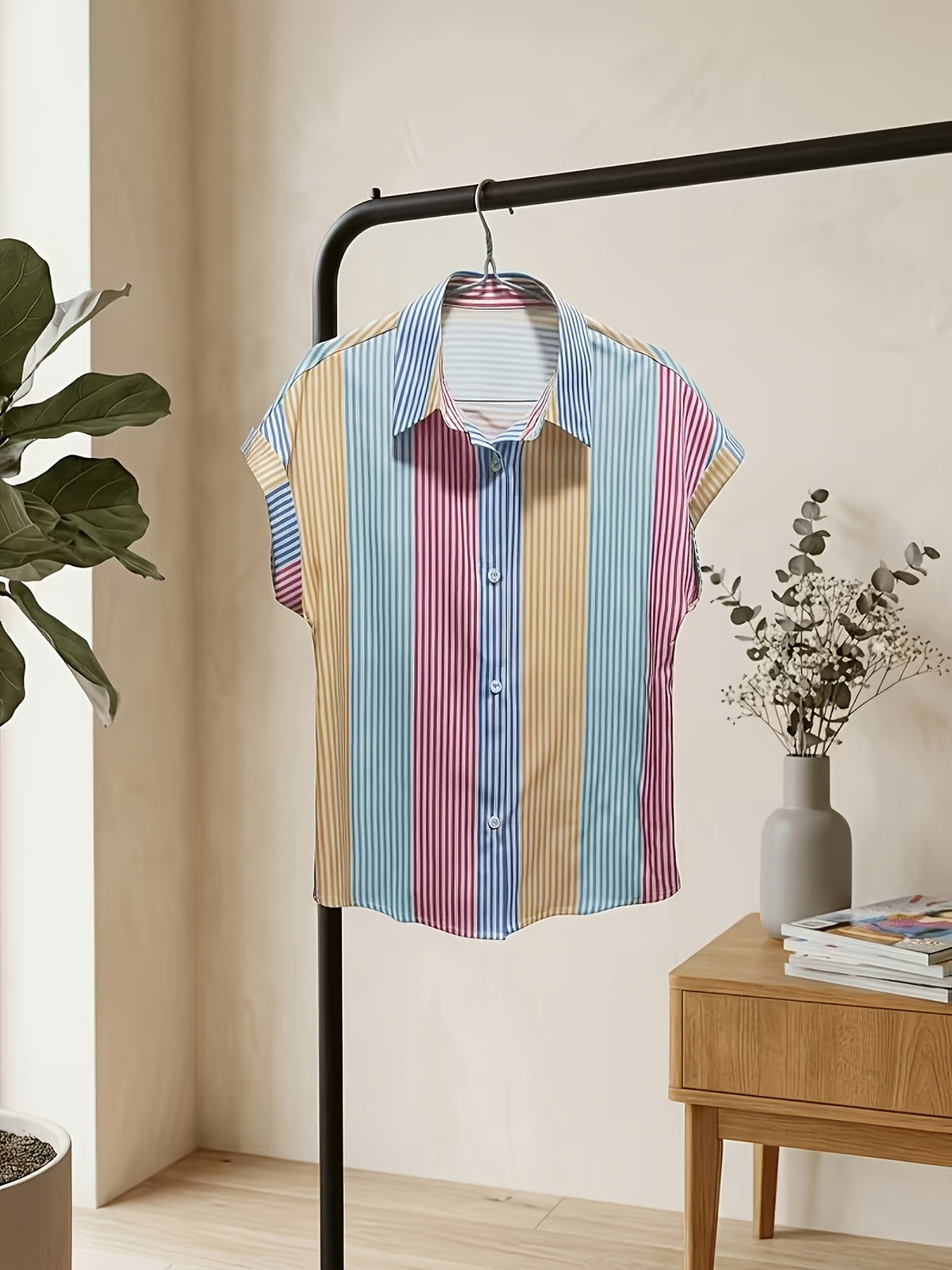 Summer Elegant Women'S Striped Short Sleeve Shirt, Casual Commuter Style Vacation Blouse - Mixed colors
