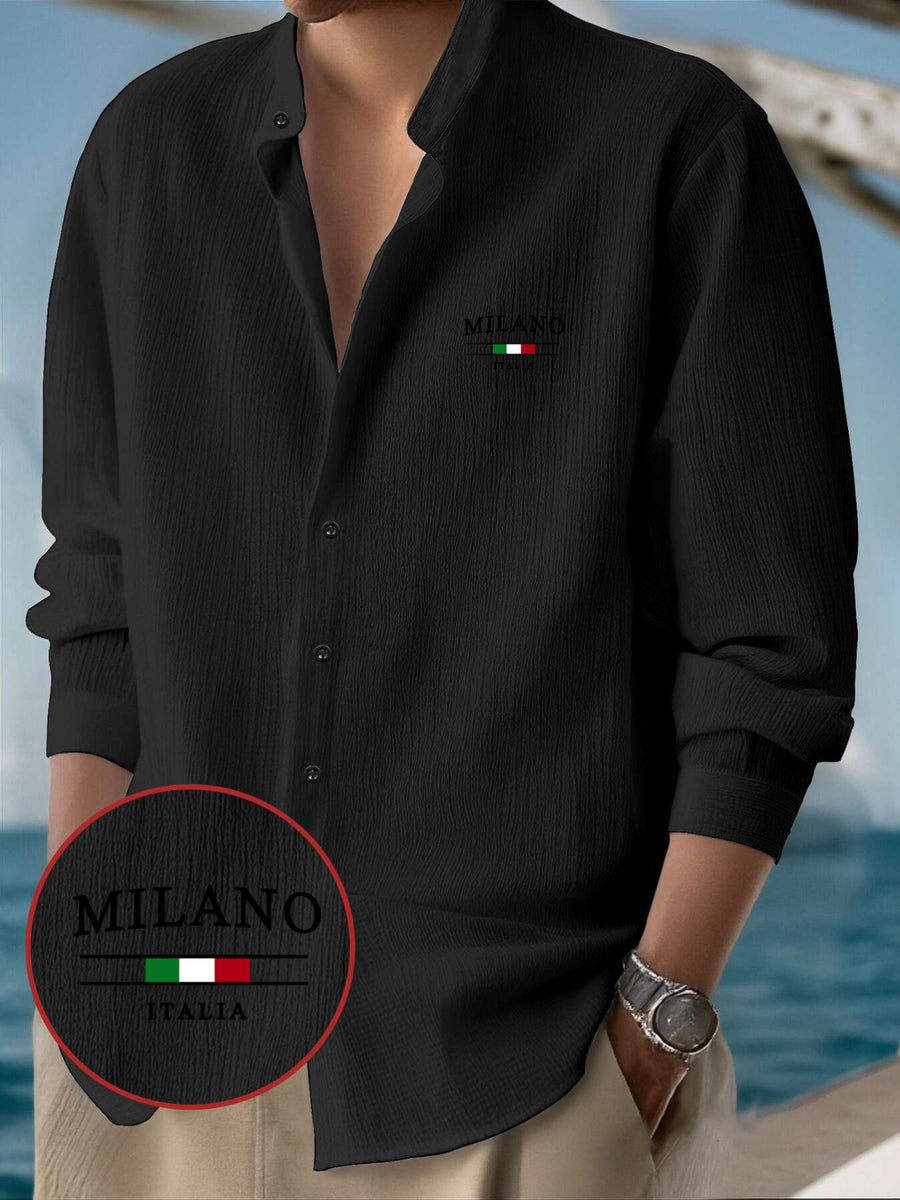 Men'S Classic Solid Color Casual Long-Sleeve Button-Up Shirt with a Stand Collar Design, Machine Washable, Featuring a Milan Italy Pattern Print, Suitable for All Seasons, Perfect for Outings, The Beach, And Everyday Wear - Black