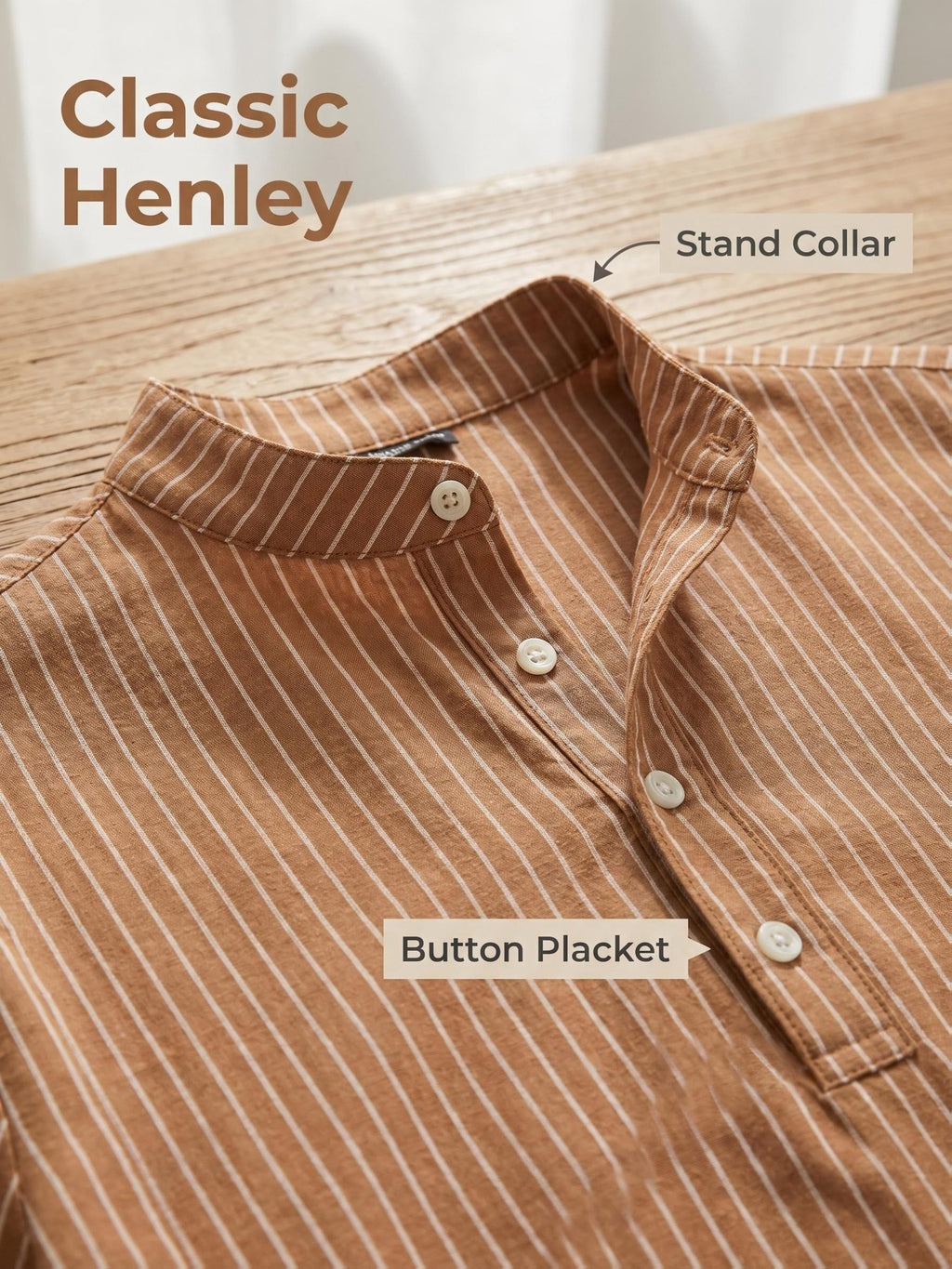 Josh Rose OBM 2pcs Men's Henley Shirts, Men's Summer Short Sleeve Regular Fit, Lightweight and Breathable, 95% Linen, Solid and Striped in Black and White, Features 4 Buttons, Suitable for Summer Daily Work, Casual, and Vacation Occasions - Brown + Brown