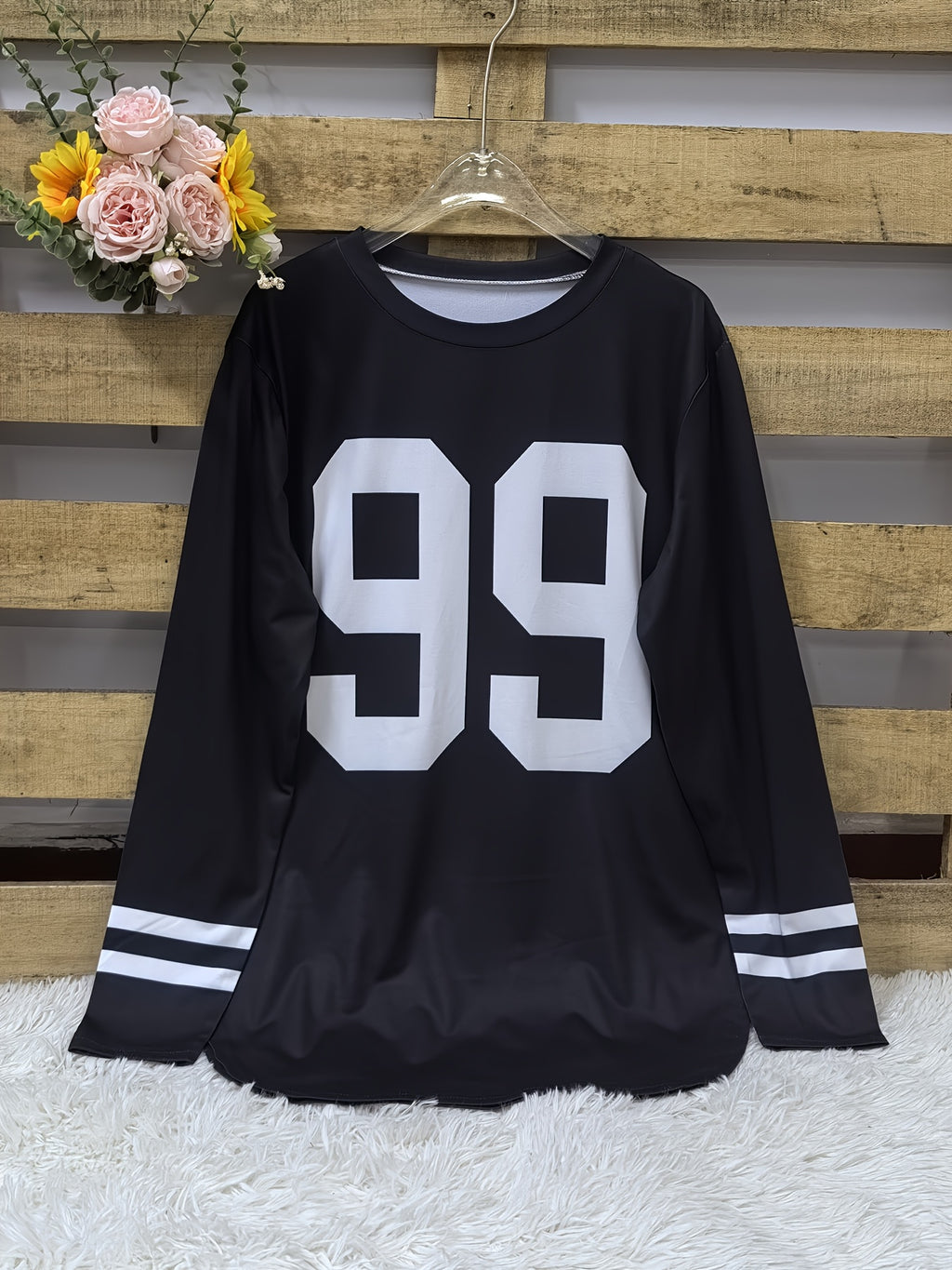 Women's Oversized '99' Number Print Blouse - Long Sleeve Casual Loose Fit SweeSuitable for Year-Round Wear, Machine Washable Comfy Tunic Top - Black