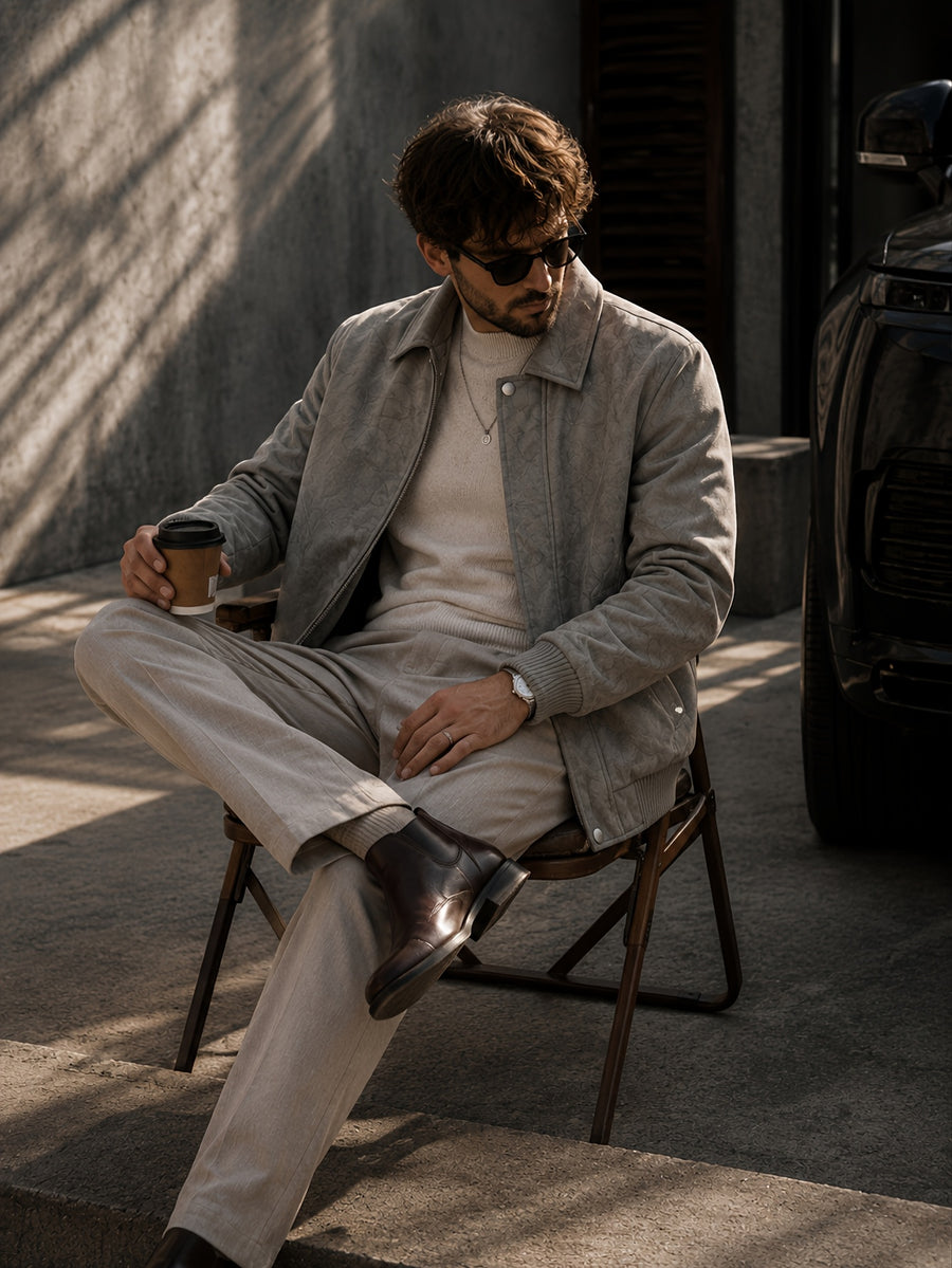 Men'S Autumn Winter Thickened PU Material Jacket, Retro Lapel Fleece-Lined Jacket, Loose Commuter All-Match Cargo Top, Windproof And Anti-Deformation, Autumn Winter Style, Travel Outdoor Wear - Grey Fleece
