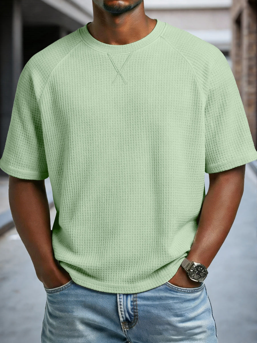 Men'S Waffle Knit T-Shirt Short Sleeve Crew Neck Casual Top, Breathable Textured Fabric Soft Lightweight Comfort Tee, Loose Fit Everyday Wear Perfect for Summer Street Style, Travel, Outdoor Activities And Daily Casual Outfit - Light Green