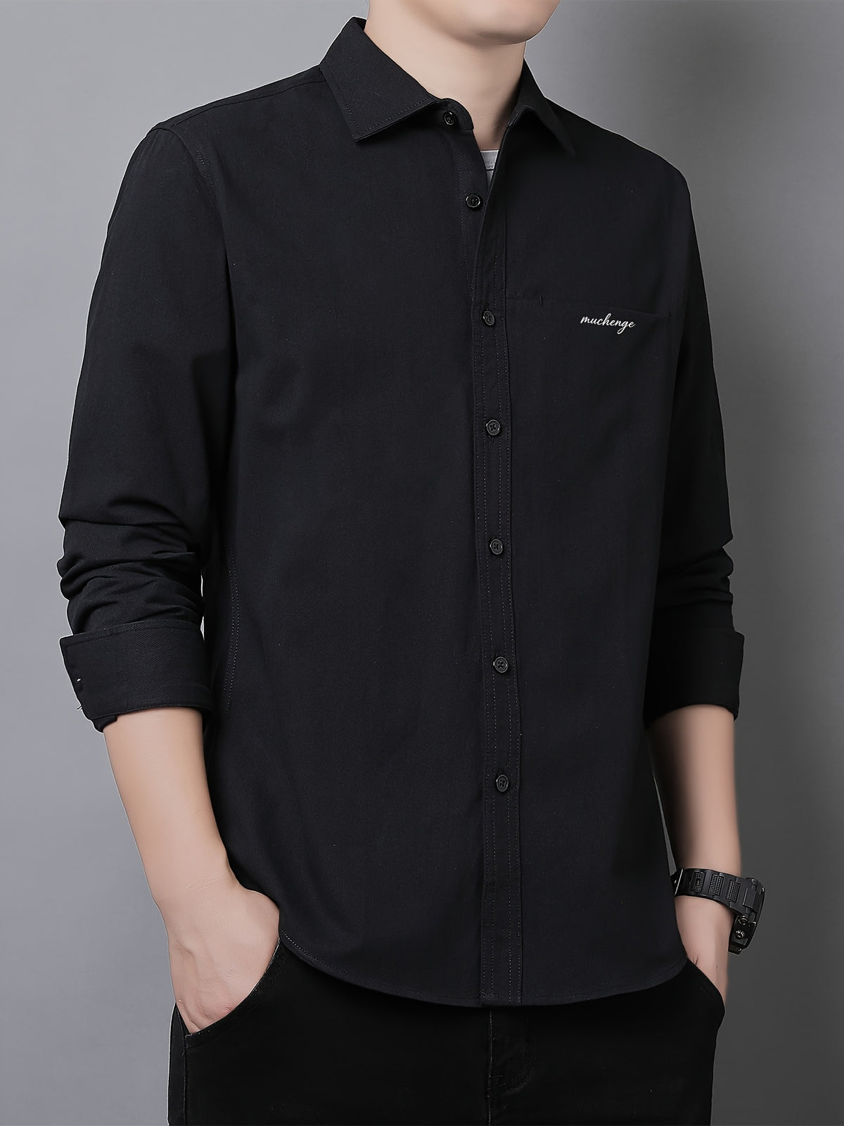 Men'S Long Sleeve Shirt with Lapel, Easy Letter Print Solid Color Hidden Single Pocket Casual Shirt, Washed Breathable Fabric, Spring/Autumn Commute Daily Wear Men'S Top, Inner And Outer Wear Multi-Color Available - Black