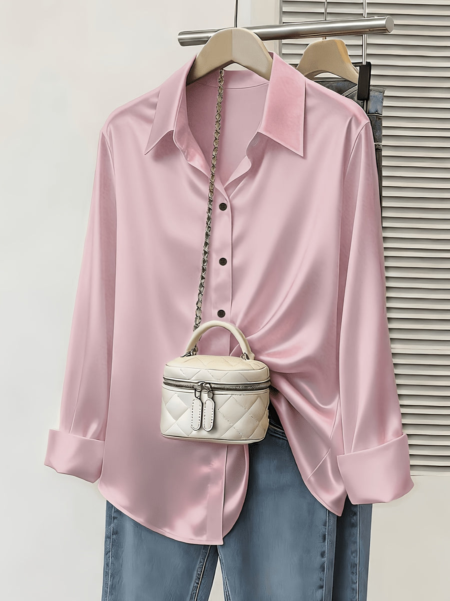 Women's Spring/Autumn Elegant and Versatile Satin Commuter Shirt - Pale Pinkish Gray