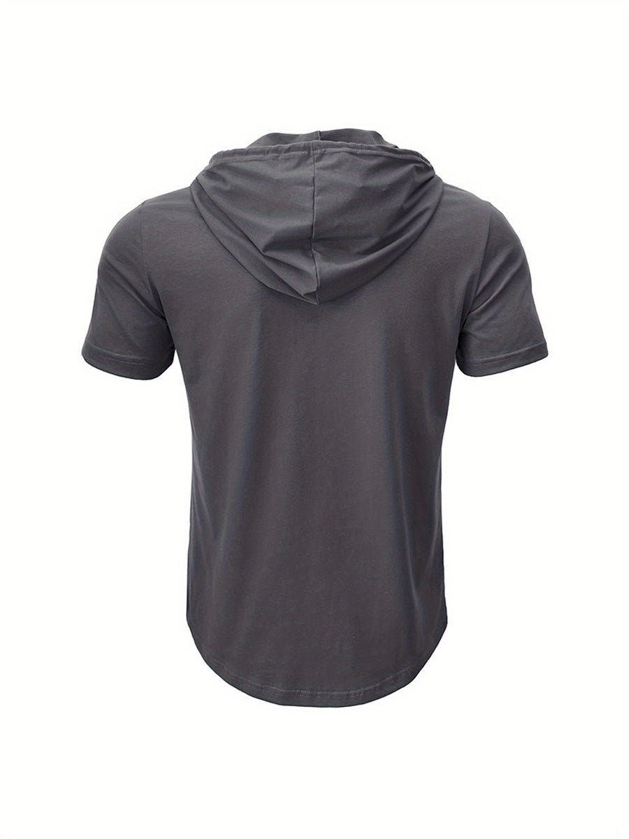 A Single Piece Men'S Casual Hooded Henley Shirt, Lightweight Sports T-Shirt for Summer That Wicks Moisture And Is Breathable, Featuring a Solid Color, Short Sleeves, Button Details at The Neckline, Adjustable Drawstrings for The Hood, Regular Fit - Dark Gray