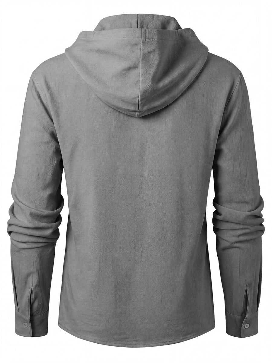 Men'S Linen Shirt, Multi-Scene Versatile Hooded Drawstring Long Sleeve Style, V-Neck Cross-Tie Rich Design Detail, Small Floral Los Angeles Print Easy Accent Shirt, Adjustable Drawstring, Suitable for Home And Outings, Casual Dates, And Leisure - Dark Gray