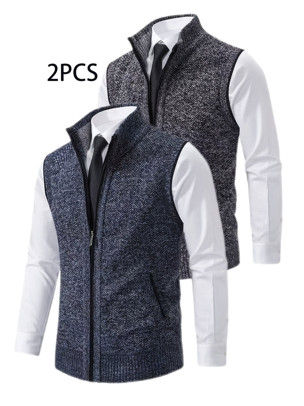 2pcs Spring/Autumn Style Sweater Knit Vest Zipper Cardigan with Real Pockets, Solid Color, Unisex Vest - E7015HUI+L