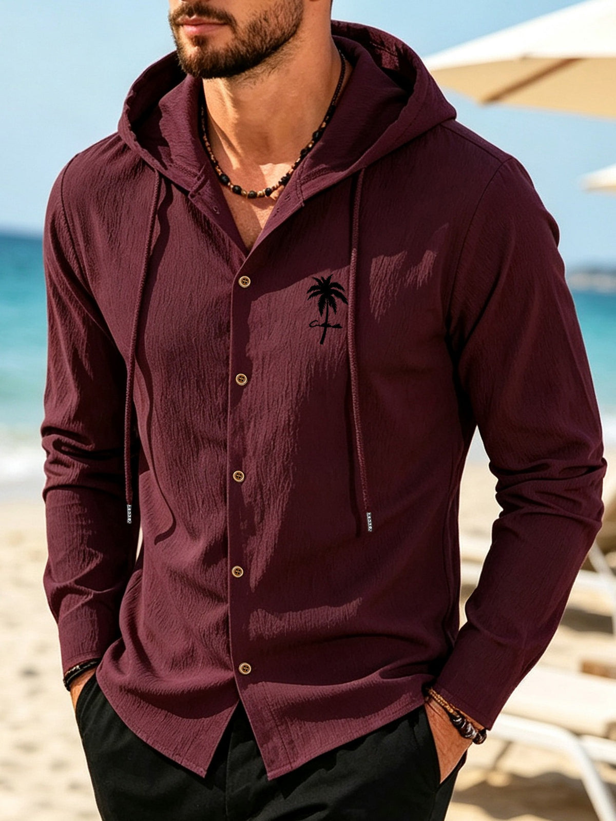 Men's Coconut Tree Print Hooded Long-Sleeve Shirt, Slightly Wrinkled Textured Casual Button-Up Cardigan, Summer Lightweight Breathable Vacation Top, Hawaiian Beach Jacket, Shirt Style + Hood with Drawstring, Suitable for Beach Trips, City Strolls - Maroon 2