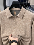 Men's Solid Color Long-Sleeve Polo Knit Shirt, Soft and Skin-Friendly Blended Yarn Polo Shirt, Semi-Open Collar for Easy Wear and Universal Fit, Suitable for Daily Commuting, Visiting Friends and Family, Casual Loose-Fit Long-Sleeve T-Shirt - Camel