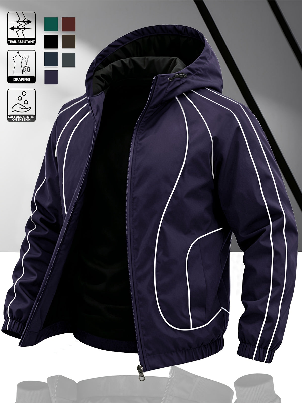 Men's Lightweight Hooded Zip-Up Jacket with White Drawstrings, Thin Style, Suitable for All Seasons, JK5689 - Purple