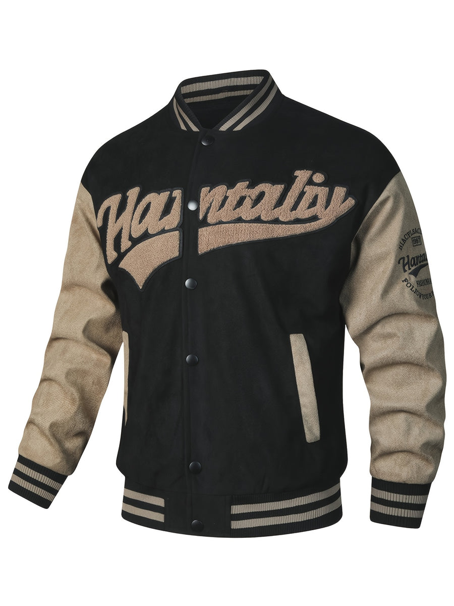 (New in Spring) Unisex, with Letter Embroidery on Chest, Casual And Fashionable, College-Style Baseball Uniform Jacket - Black