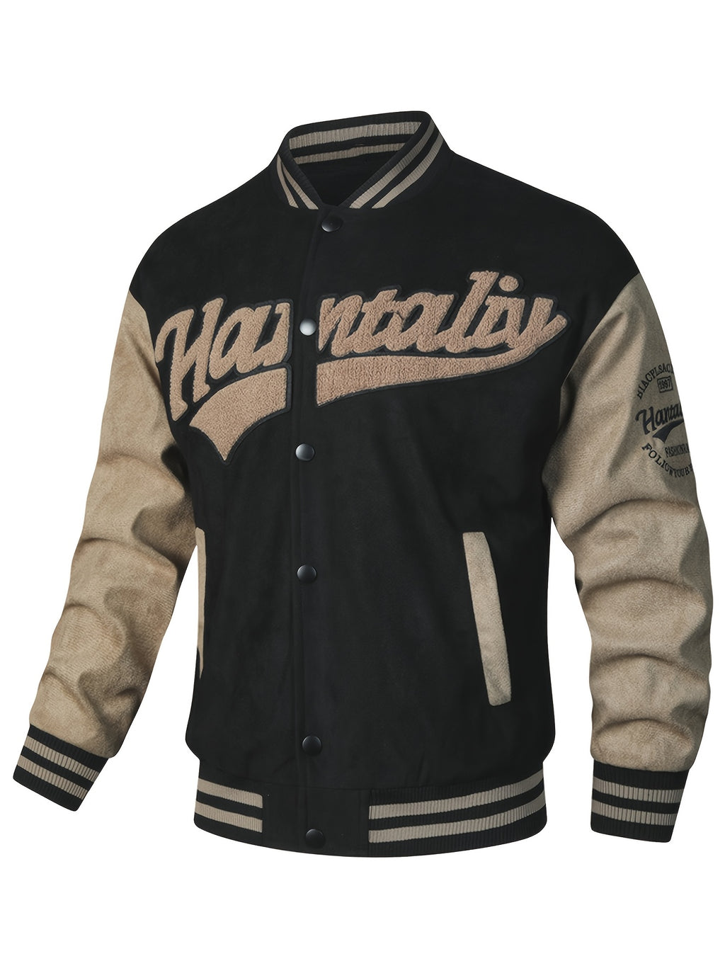 (New in Spring) Unisex, with Letter Embroidery on Chest, Casual And Fashionable, College-Style Baseball Uniform Jacket - Black