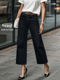 Black Basic Versatile Denim Ankle Pants, Women'S Black Loose Wide-Leg Jeans - Machine Washable All-Season Casual Trousers, High-Waist Design, Structural Cut, Durable Denim Fabric, Versatile Bottoms, Sturdy Construction, Essential for Denim Lovers - White