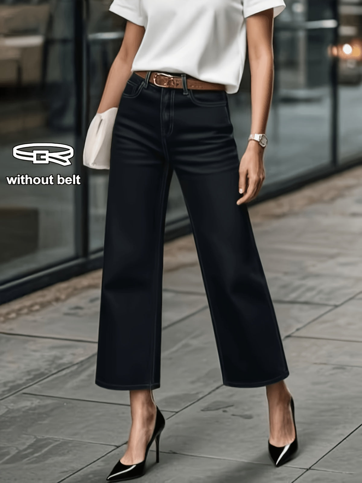 Black Basic Versatile Denim Ankle Pants, Women'S Black Loose Wide-Leg Jeans - Machine Washable All-Season Casual Trousers, High-Waist Design, Structural Cut, Durable Denim Fabric, Versatile Bottoms, Sturdy Construction, Essential for Denim Lovers - White