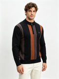 Men's Half-Zip Stand Collar Color-Block Knit Sweater, Cable Textured Pullover, Retro Sporty Fall Winter Top - Black
