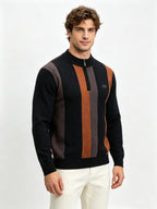 Men's Half-Zip Stand Collar Color-Block Knit Sweater, Cable Textured Pullover, Retro Sporty Fall Winter Top - Black