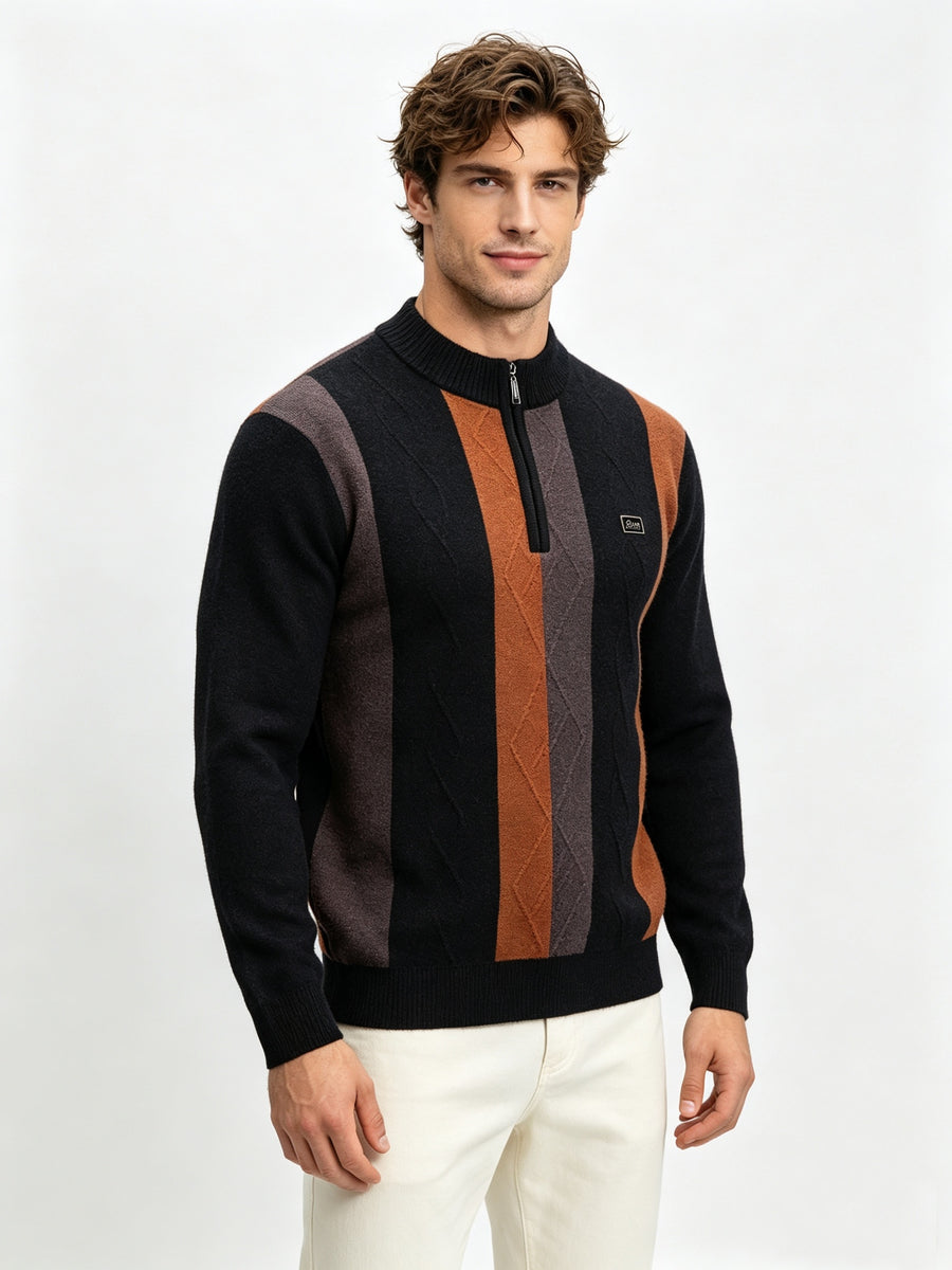 Men's Half-Zip Stand Collar Color-Block Knit Sweater, Cable Textured Pullover, Retro Sporty Fall Winter Top - Black