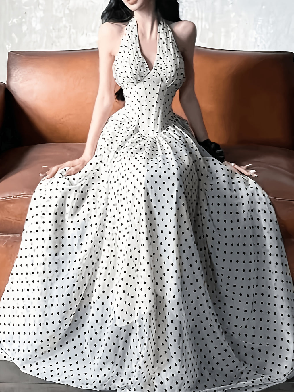 Elegant -Line Maxi Dress with V-Neck & Ruffled Hem - Polka Dot Long Dress Suitable for Weddings, Parties,, Machine Washable Non-Stretch Dress, Round Dot for Special Occasions - White