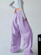 Women'S High-Waist Elastic Cinchable Retro Straight-Leg Pants, Loose Cut, Suitable for Street Casual, Daily Exercise, Fitness Training, And Athletic Wear - Purple