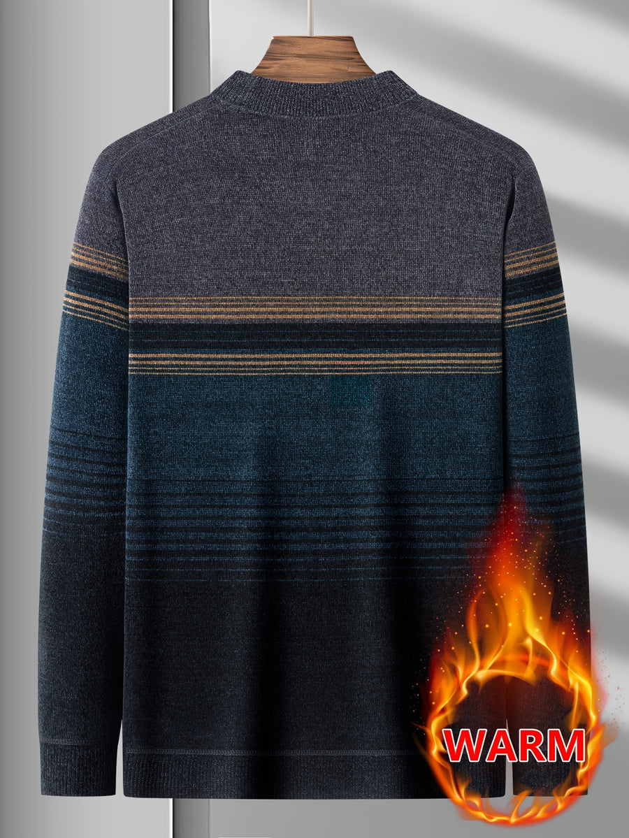 Minimalist Urban -Lined Crew Neck Knit Sweater for Warmth and City Casual Style - Blue
