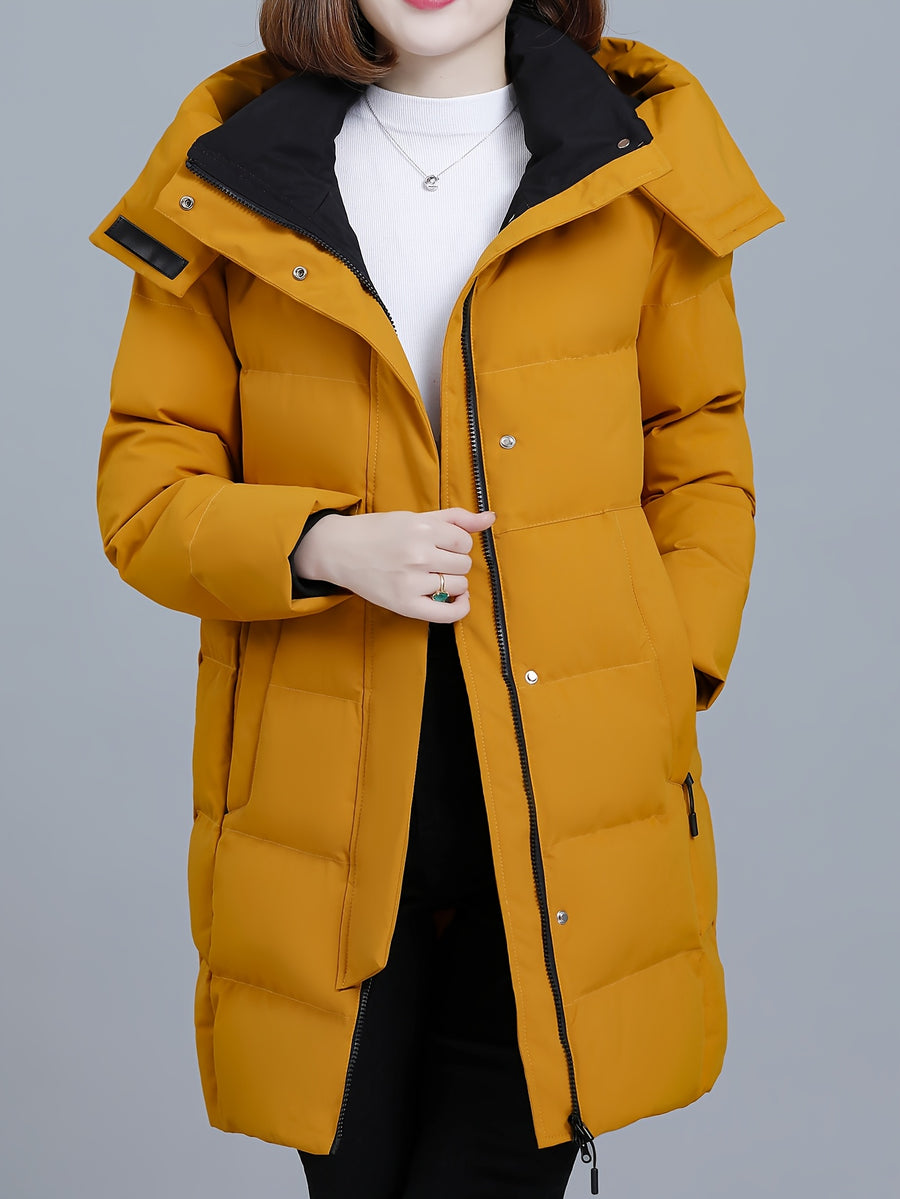 Women's Hooded Mid-Length Padded Coat with Black Contrast Lining, Zipper and Snap Button Double Front Placket, Plus Size Loose Fit, Checkered Overlock Stitching with Anti-Slip Padding, Drawstring Adjustable Hem, Zippered Side Pockets - Yellow