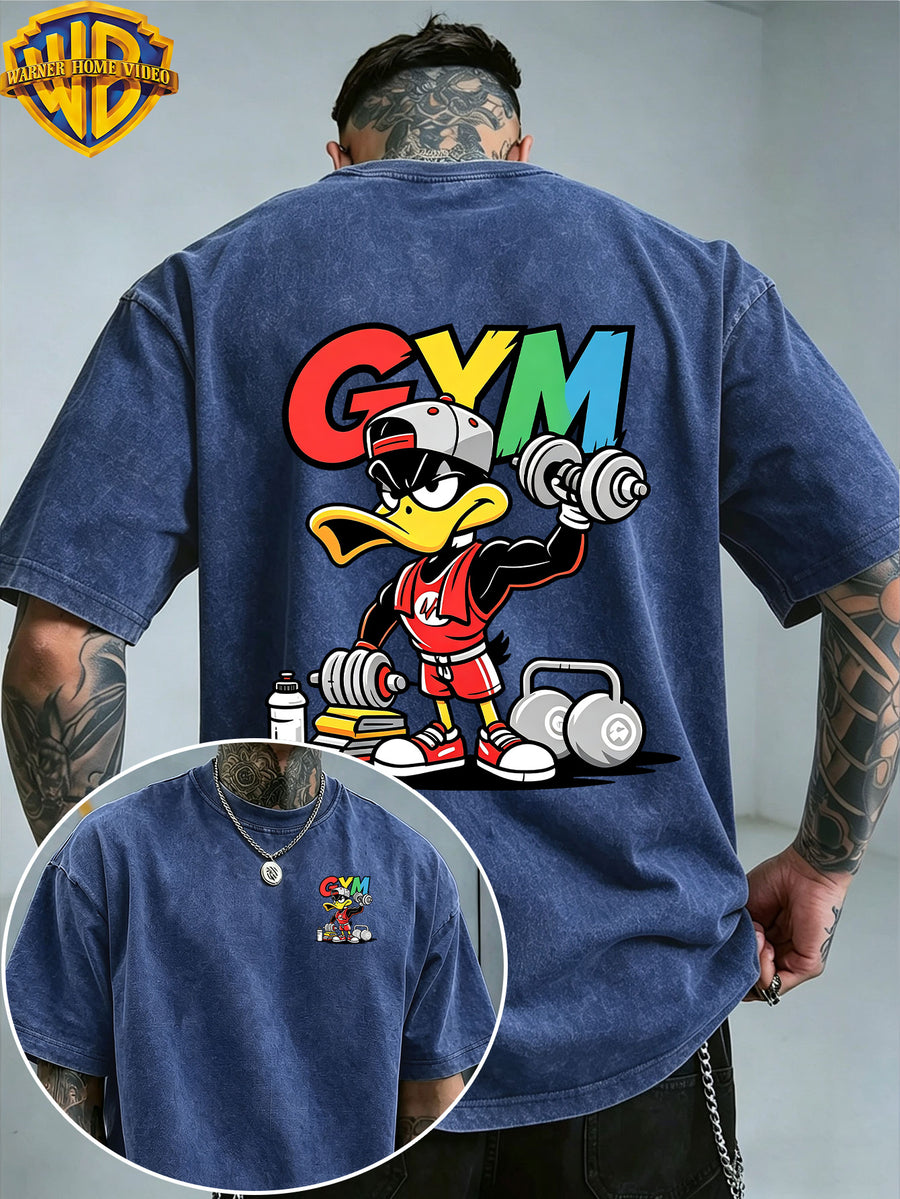 Warner Bros. Officially Authorized Fitness Cartoon Duck Holding Dumbbell Print Retro Washed Distressed Short Sleeve T-Shirt Unisex Machine Washable Daily Commuting Outdoor Sports Casual Top - Royal Blue