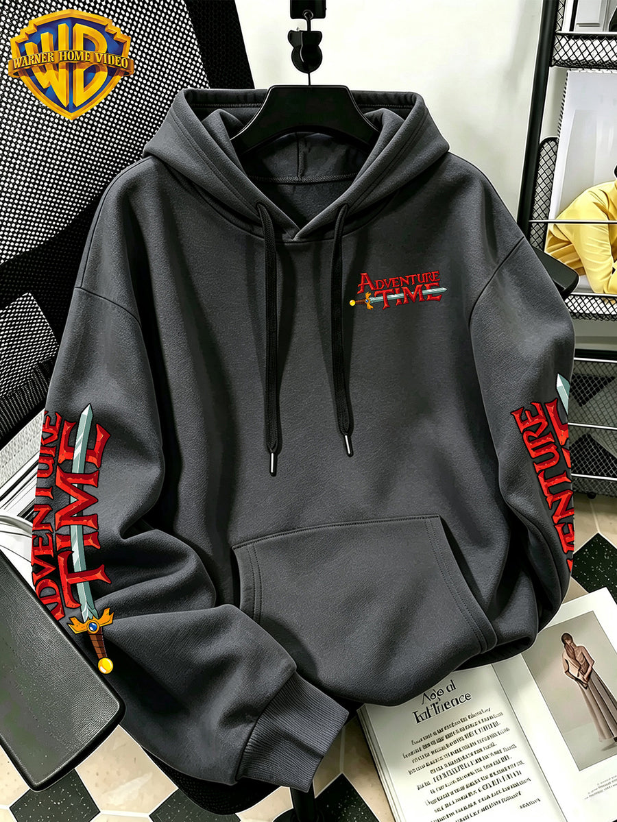 Adventure Time Full Character Wrap Group Cartoon Pattern Print Hooded Sweatshirt - Men'S Casual All-Match Pullover, Comfortable Autumn/Winter Wear, for Sports, Outdoors, Picnics, Travel, Daily/Commute/Home Choice - Dark Gray