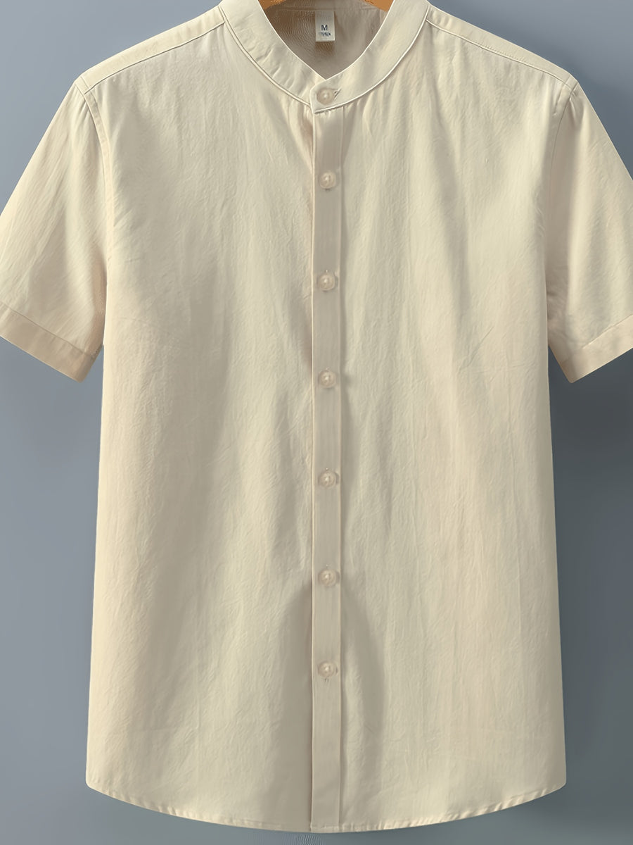 Single-piece Solid-colored Men's Short-sleeved Shirt, Classic Button-up Cardigan Style, Loose and Unrestricted, Available in Multiple Colors, Suitable for Office Wear, Casual Outings, and More. - Khaki