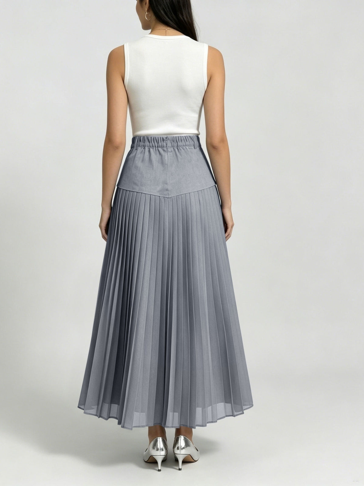 [Printed Skirt - Not Faux Denim Fabric]Temperament Commuter Imitation Faux Denim Patchwork Half Skirt, High-Waist Mesh Pleated Flared Long Dress Spring Summer Versatile Style Kydx - Slate Grey