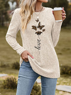 New Autumn And Winter Round Neck Brushed Ribbed Butterfly Print Long Sleeve T-Shirt Base Layer - Apricot