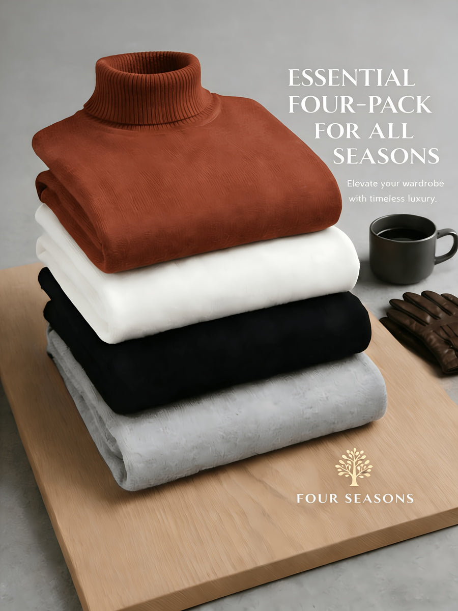 Four Seasons Luxury High-Neck Knit 4pcs Set. Crafted from Skin-friendly Knitted Fabric with a Delicate Texture That Emits a Soft, High-end Glow. The Soft, Smooth Feel Offers Unrestricted Comfort Against the Skin. The Classic High-neck Design Provides - Black + Light Gray + White + Caramel