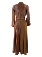 Middle Eastern Muslim Solid Color Pleated Long Split Women's Dress - Orange Brown