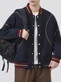 [Villa Le Water OBM] 2026 New American Street Color-Block Baseball Jacket Men'S Autumn Trendy Brand Design Embroidered Couple Coat Preppy Style Casual Top - Navy Color